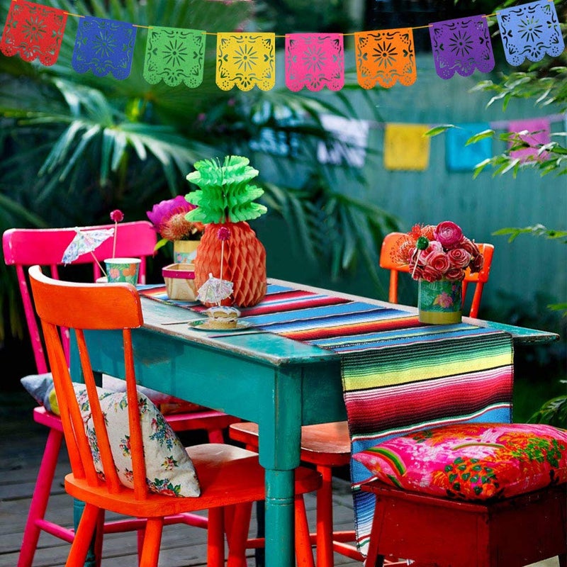Dreamtop 2 Packs Mexican Table Runner 14 x 84 inch, Serape Table Runner for Mexican Party Wedding Decorations Outdoor Picnics Dining Table, Fringe Cotton Table Runners with 2 Pack Mexican Party Picado - Image 5